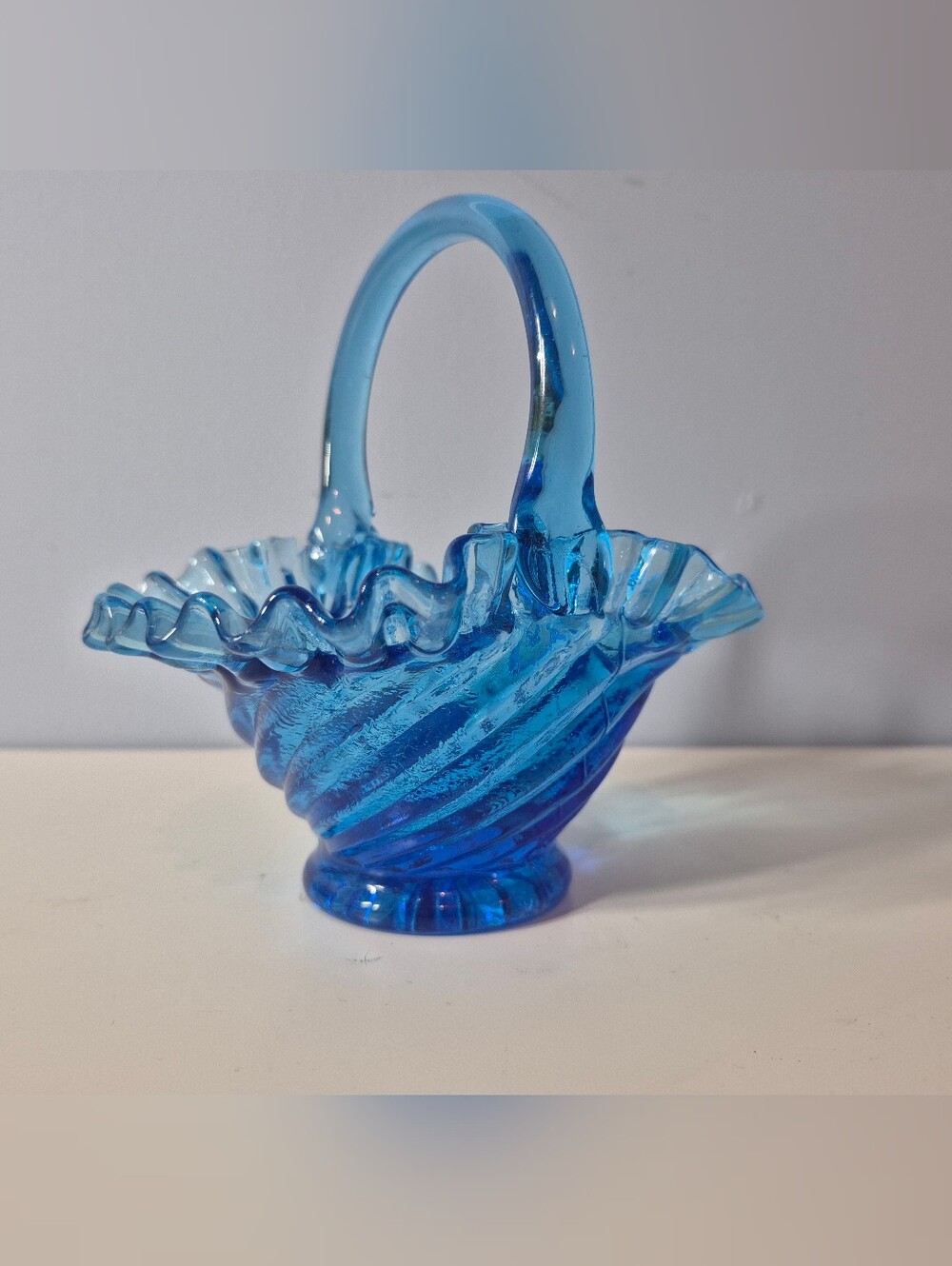 Vintage Fenton Style Aqua Blue Swirl Glass Basket with Applied Handle